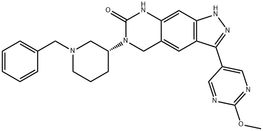 7H-Pyrazolo[4,3-g]quinazolin-7-one, 1,5,6,8-tetrahydro-3-(2-methoxy-5-pyrimidinyl)-6-[(3R)-1-(phenylmethyl)-3-piperidinyl]- Struktur