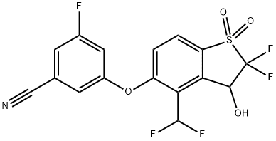 Benzonitrile, 3-[[4-(difluoromethyl)-2,2-difluoro-2,3-dihydro-3-hydroxy-1,1-dioxidobenzo[b]thien-5-yl]oxy]-5-fluoro- Struktur