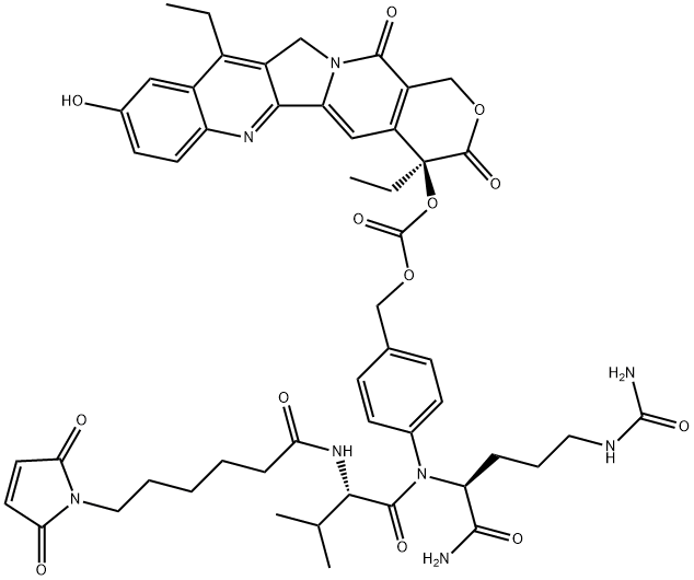 L-Ornithinamide, N-[6-(2,5-dihydro-2,5-dioxo-1H-pyrrol-1-yl)-1-oxohexyl]-L-valyl-N5-(aminocarbonyl)-N-[4-[[[[[(4S)-4,11-diethyl-3,4,12,14-tetrahydro-9-hydroxy-3,14-dioxo-1H-pyrano[3',4':6,7]indolizino[1,2-b]quinolin-4-yl]oxy]carbonyl]oxy]methyl]phenyl]- Struktur