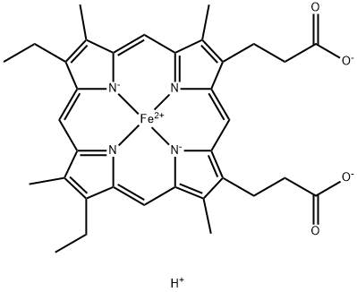 Ferrate(2-), [7,12-diethyl-3,8,13,17-tetramethyl-21H,23H-porphine-2,18-dipropanoato(4-)-κN21,κN22,κN23,κN24]-, hydrogen (1:2), (SP-4-2)- Struktur