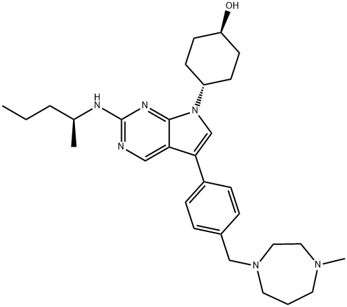 Cyclohexanol, 4-[5-[4-[(hexahydro-4-methyl-1H-1,4-diazepin-1-yl)methyl]phenyl]-2-[[(1S)-1-methylbutyl]amino]-7H-pyrrolo[2,3-d]pyrimidin-7-yl]-, trans- Struktur