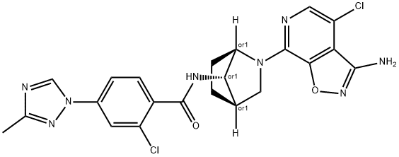 Benzamide, N-[(1R,4R,7S)-2-(3-amino-4-chloroisoxazolo[5,4-c]pyridin-7-yl)-2-azabicyclo[2.2.1]hept-7-yl]-2-chloro-4-(3-methyl-1H-1,2,4-triazol-1-yl)-, rel- Struktur