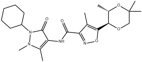 3-Isoxazolecarboxamide, N-(2-cyclohexyl-2,3-dihydro-1,5-dimethyl-3-oxo-1H-pyrazol-4-yl)-4-methyl-5-[(2R,3S)-3,5,5-trimethyl-1,4-dioxan-2-yl]- Struktur