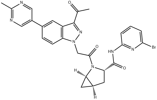 2-Azabicyclo[3.1.0]hexane-3-carboxamide, 2-[2-[3-acetyl-5-(2-methyl-5-pyrimidinyl)-1H-indazol-1-yl]acetyl]-N-(6-bromo-2-pyridinyl)-, (1R,3S,5R)- Struktur