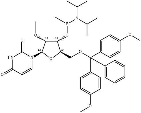 1-((2R,3R,4R,5R)-5-((雙(4-甲氧基苯基)(苯基)甲氧基)甲基)-4-(((二異丙基氨基)(甲基)膦基)氧基)-3-甲氧基四氫呋喃-2-基)嘧啶-2,4(1H,3H)-二酮 結(jié)構(gòu)式