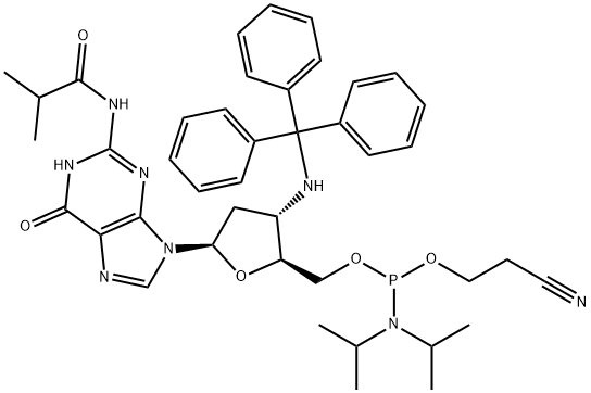 N2-isobutyryl-3'-(trityl)amino-2', 3'-dideoxyguanosine-5'-cyanoethyl Phosphoramidite Struktur