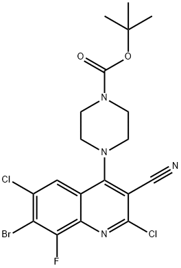 1-Piperazinecarboxylic acid, 4-(7-bromo-2,6-dichloro-3-cyano-8-fluoro-4-quinolinyl)-, 1,1-dimethylethyl ester Struktur