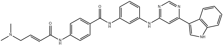 Benzamide, 4-[[(2E)-4-(dimethylamino)-1-oxo-2-buten-1-yl]amino]-N-[3-[[6-(1H-indol-3-yl)-4-pyrimidinyl]amino]phenyl]- Struktur