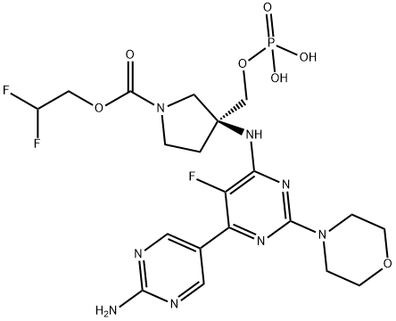 1-Pyrrolidinecarboxylic acid, 3-[[2'-amino-5-fluoro-2-(4-morpholinyl)[4,5'-bipyrimidin]-6-yl]amino]-3-[(phosphonooxy)methyl]-, 1-(2,2-difluoroethyl) ester, (3S)- Struktur