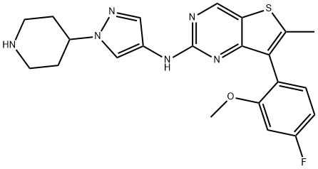 Thieno[3,2-d]pyrimidin-2-amine, 7-(4-fluoro-2-methoxyphenyl)-6-methyl-N-[1-(4-piperidinyl)-1H-pyrazol-4-yl]- Struktur