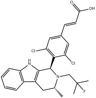 3-(3,5-dichloro-4-((1R,3R)-2-(2-fluoro-2-methylpropyl)-3-methyl-2,3,4,9-tetrahydro-1H-pyrido[3,4-b]indol-1-yl)phenyl)acrylic acid Struktur