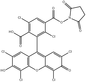 1,4-Benzenedicarboxylic acid, 2,5-dichloro-3-(2,4,5,7-tetrachloro-6-hydroxy-3-oxo-3H-xanthen-9-yl)-, 1-(2,5-dioxo-1-pyrrolidinyl) ester Struktur