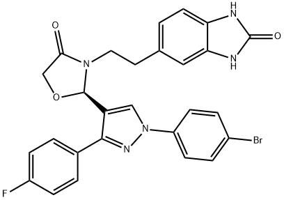 2H-Benzimidazol-2-one, 5-[2-[(2R)-2-[1-(4-bromophenyl)-3-(4-fluorophenyl)-1H-pyrazol-4-yl]-4-oxo-3-oxazolidinyl]ethyl]-1,3-dihydro- Struktur