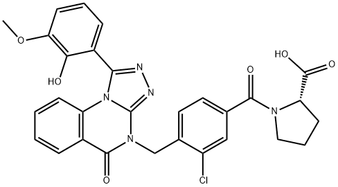 L-Proline, 1-[3-chloro-4-[[1-(2-hydroxy-3-methoxyphenyl)-5-oxo[1,2,4]triazolo[4,3-a]quinazolin-4(5H)-yl]methyl]benzoyl]- Struktur