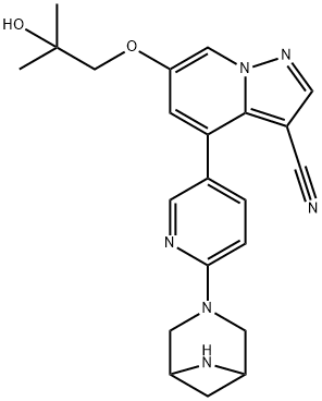 Pyrazolo[1,5-a]pyridine-3-carbonitrile, 4-[6-(3,6-diazabicyclo[3.1.1]hept-3-yl)-3-pyridinyl]-6-(2-hydroxy-2-methylpropoxy)- Struktur