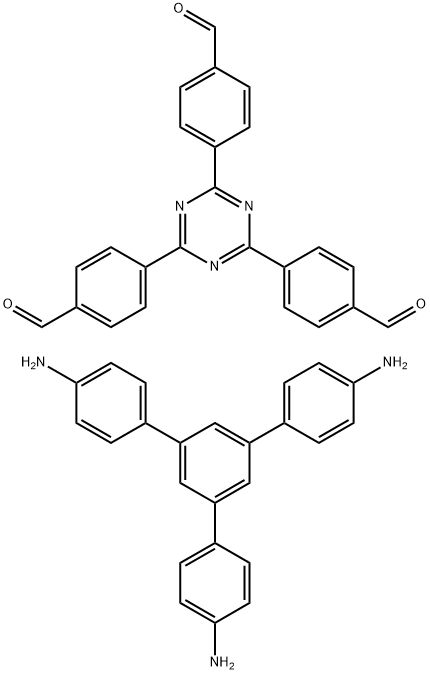 Benzaldehyde, 4,4',4''-(1,3,5-triazine-2,4,6-triyl)tris-, polymer with 5'-(4-aminophenyl)[1,1':3',1''-terphenyl]-4,4''-diamine Polymer Struktur