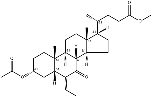 Obeticholic Acid Impurity 18  Cholan-24-oic acid, 3-(acetyloxy)-6-ethylidene-7-oxo-, methyl ester, (3α,5β)- Struktur