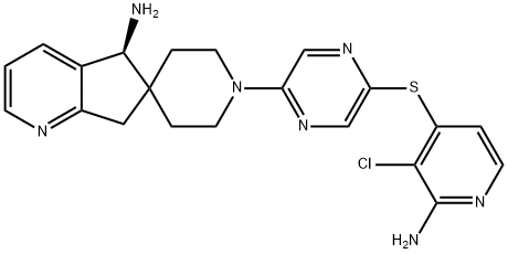 Spiro[6H-cyclopenta[b]pyridine-6,4'-piperidin]-5-amine, 1'-[5-[(2-amino-3-chloro-4-pyridinyl)thio]-2-pyrazinyl]-5,7-dihydro-, (5S)- Struktur