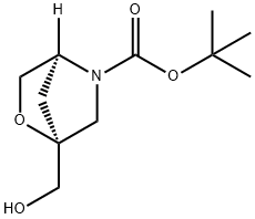 2-Oxa-5-azabicyclo[2.2.1]heptane-5-carboxylic acid, 1-(hydroxymethyl)-, 1,1-dimethylethyl ester, (1S,4S)- Struktur