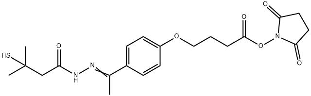 Butanoic acid, 3-mercapto-3-methyl-, 2-[1-[4-[4-[(2,5-dioxo-1-pyrrolidinyl)oxy]-4-oxobutoxy]phenyl]ethylidene]hydrazide Struktur