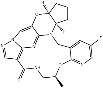 17,?19-?Metheno-?1H,?5H-?cyclopent[5,?6]?[1,?4]?oxazino[3,?4-?i]?pyrazolo[4,?3-?f]?pyrido[3,?2-?l]?[1,?4,?8,?10]?oxatriazacyclotridec?in-?14(11H)?-?one, 7-?fluoro-?2,?3,?3a,?12,?13,?20a-?hexahydro-?11-?methyl-?, (3aR,?11S,?20aS)?- Struktur