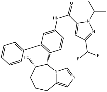 1H-Pyrazole-5-carboxamide, 3-(difluoromethyl)-1-(1-methylethyl)-N-[6-[(5S,6S)-6,7,8,9-tetrahydro-6-hydroxy-5H-imidazo[1,5-a]azepin-5-yl][1,1'-biphenyl]-3-yl]- Struktur