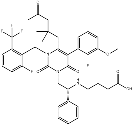 Butanoic acid, 4-[[(1R)-2-[4-(2,2-dimethyl-4-oxopentyl)-5-(2-fluoro-3-methoxyphenyl)-3-[[2-fluoro-6-(trifluoromethyl)phenyl]methyl]-3,6-dihydro-2,6-dioxo-1(2H)-pyrimidinyl]-1-phenylethyl]amino]- Struktur