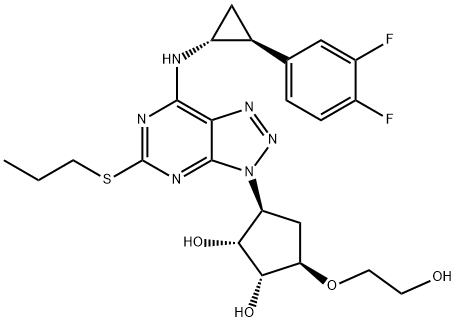 1,2-Cyclopentanediol, 3-[7-[[(1R,2S)-2-(3,4-difluorophenyl)cyclopropyl]amino]-5-(propylthio)-3H-1,2,3-triazolo[4,5-d]pyrimidin-3-yl]-5-(2-hydroxyethoxy)-, (1R,2R,3S,5R)- Struktur