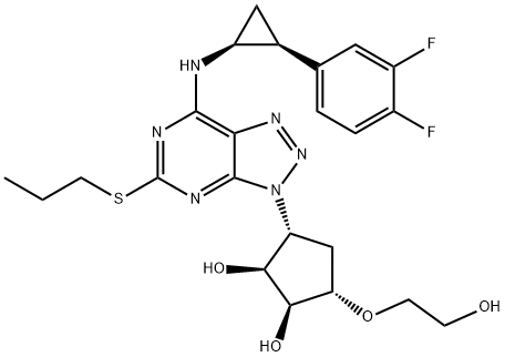 1,2-Cyclopentanediol, 3-[7-[[(1S,2S)-2-(3,4-difluorophenyl)cyclopropyl]amino]-5-(propylthio)-3H-1,2,3-triazolo[4,5-d]pyrimidin-3-yl]-5-(2-hydroxyethoxy)-, (1S,2S,3R,5S)- Struktur