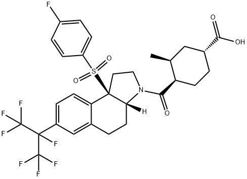 Cyclohexanecarboxylic acid, 4-[[(3aR,9bR)-9b-[(4-fluorophenyl)sulfonyl]-1,2,3a,4,5,9b-hexahydro-7-[1,2,2,2-tetrafluoro-1-(trifluoromethyl)ethyl]-3H-benz[e]indol-3-yl]carbonyl]-3-methyl-, (1R,3S,4R)- Struktur