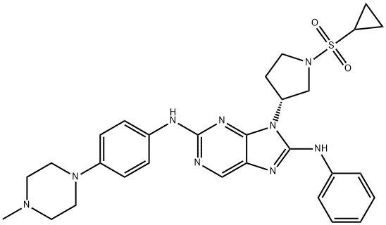 9H-Purine-2,8-diamine, 9-[(3R)-1-(cyclopropylsulfonyl)-3-pyrrolidinyl]-N2-[4-(4-methyl-1-piperazinyl)phenyl]-N8-phenyl- Struktur