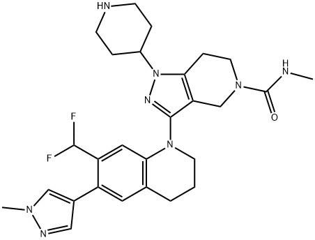 5H-Pyrazolo[4,3-c]pyridine-5-carboxamide, 3-[7-(difluoromethyl)-3,4-dihydro-6-(1-methyl-1H-pyrazol-4-yl)-1(2H)-quinolinyl]-1,4,6,7-tetrahydro-N-methyl-1-(4-piperidinyl)- Struktur