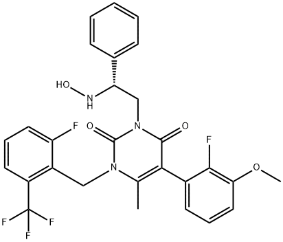 2,4(1H,3H)-Pyrimidinedione, 5-(2-fluoro-3-methoxyphenyl)-1-[[2-fluoro-6-(trifluoromethyl)phenyl]methyl]-3-[(2R)-2-(hydroxyamino)-2-phenylethyl]-6-methyl- Struktur