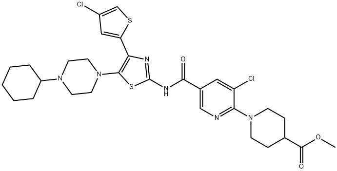 4-Piperidinecarboxylic acid, 1-[3-chloro-5-[[[4-(4-chloro-2-thienyl)-5-(4-cyclohexyl-1-piperazinyl)-2-thiazolyl]amino]carbonyl]-2-pyridinyl]-, methyl ester Struktur