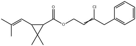 Cyclopropanecarboxylic acid, 2,2-dimethyl-3-(2-methyl-1-propen-1-yl)-, 3-chloro-4-phenyl-2-buten-1-yl ester Struktur