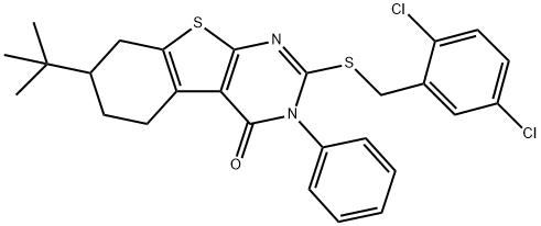 7-tert-butyl-2-[(2,5-dichlorophenyl)methylsulfanyl]-3-phenyl-5,6,7,8-tetrahydro-[1]benzothiolo[2,3-d]pyrimidin-4-one Struktur