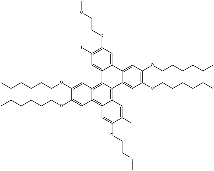 Dibenzo[g,p]chrysene, 2,3,10,11-tetrakis(hexyloxy)-6,14-diiodo-7,15-bis(2-methoxyethoxy)- Struktur