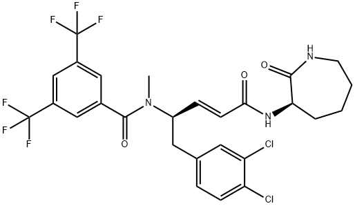 Benzamide, N-[(1R,2E)-1-[(3,4-dichlorophenyl)methyl]-4-[[(3R)-hexahydro-2-oxo-1H-azepin-3-yl]amino]-4-oxo-2-buten-1-yl]-N-methyl-3,5-bis(trifluoromethyl)- Struktur