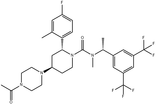 1-Piperidinecarboxamide, 4-(4-acetyl-1-piperazinyl)-N-[(1R)-1-[3,5-bis(trifluoromethyl)phenyl]ethyl]-2-(4-fluoro-2-methylphenyl)-N-methyl-, (2R,4R)- Struktur