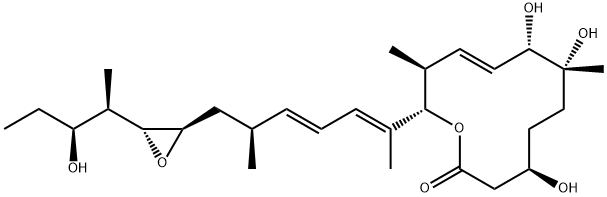 Oxacyclododec-9-en-2-one, 4,7,8-trihydroxy-12-[(1E,3E,5S)-6-[(2R,3R)-3-[(1R,2S)-2-hydroxy-1-methylbutyl]-2-oxiranyl]-1,5-dimethyl-1,3-hexadien-1-yl]-7,11-dimethyl-, (4R,7R,8S,9E,11S,12S)- Struktur