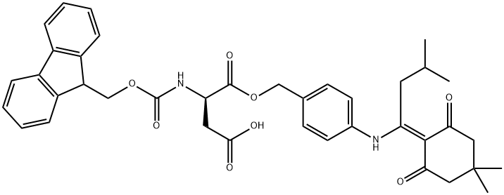 (3R)-4-[(4-{[1-(4,4-dimethyl-2,6-dioxocyclohexylidene)-3-methylbutyl]amino}phenyl)methoxy]-3-({[(9H-fluoren-9-yl)methoxy]carbonyl}amino)-4-oxobutanoic acid Struktur