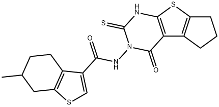 6-methyl-N-(1-oxo-3-sulfanylidene-4,6,7,8-tetrahydrocyclopenta[2,3]thieno[2,4-b]pyrimidin-2-yl)-4,5,6,7-tetrahydro-1-benzothiophene-3-carboxamide Struktur