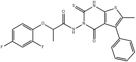 2-(2,4-difluorophenoxy)-N-(6-methyl-4-oxo-5-phenyl-2-sulfanylidene-1H-thieno[2,3-d]pyrimidin-3-yl)propanamide Struktur