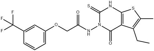 N-(5-ethyl-6-methyl-4-oxo-2-sulfanylidene-1H-thieno[2,3-d]pyrimidin-3-yl)-2-[3-(trifluoromethyl)phenoxy]acetamide Struktur