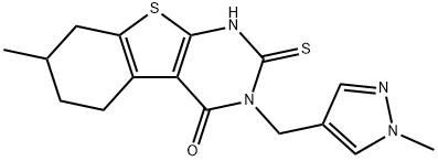 7-methyl-3-[(1-methylpyrazol-4-yl)methyl]-2-sulfanylidene-5,6,7,8-tetrahydro-1H-[1]benzothiolo[2,3-d]pyrimidin-4-one Struktur