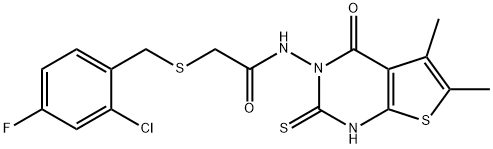 2-[(2-chloro-4-fluorophenyl)methylsulfanyl]-N-(5,6-dimethyl-4-oxo-2-sulfanylidene-1H-thieno[2,3-d]pyrimidin-3-yl)acetamide Struktur