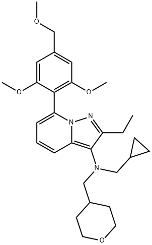 Pyrazolo[1,5-a]pyridin-3-amine, N-(cyclopropylmethyl)-7-[2,6-dimethoxy-4-(methoxymethyl)phenyl]-2-ethyl-N-[(tetrahydro-2H-pyran-4-yl)methyl]- Struktur