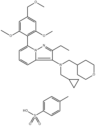 Pyrazolo[1,5-a]pyridin-3-amine, N-(cyclopropylmethyl)-7-[2,6-dimethoxy-4-(methoxymethyl)phenyl]-2-ethyl-N-[(tetrahydro-2H-pyran-4-yl)methyl]-, 4-methylbenzenesulfonate (1:1) Struktur