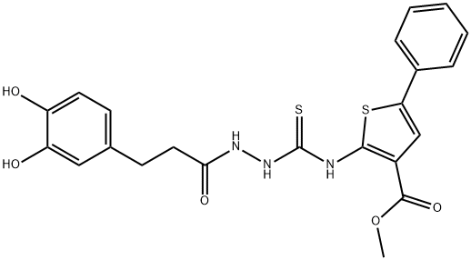 methyl 2-(2-(3-(3,4-dihydroxyphenyl)propanoyl)hydrazinecarbothioamido)-5-phenylthiophene-3-carboxylate Struktur