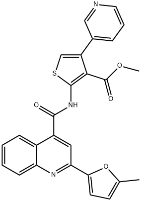 methyl 2-(2-(5-methylfuran-2-yl)quinoline-4-carboxamido)-4-(pyridin-3-yl)thiophene-3-carboxylate Struktur